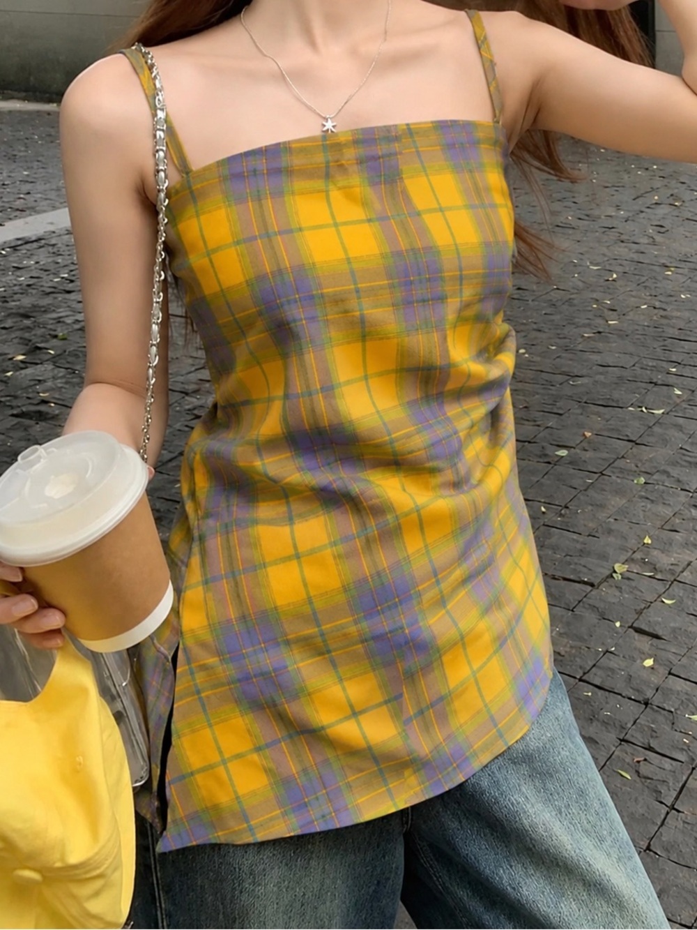 Mirra Masa Plaid Asymmetrical Pastel Tank Top